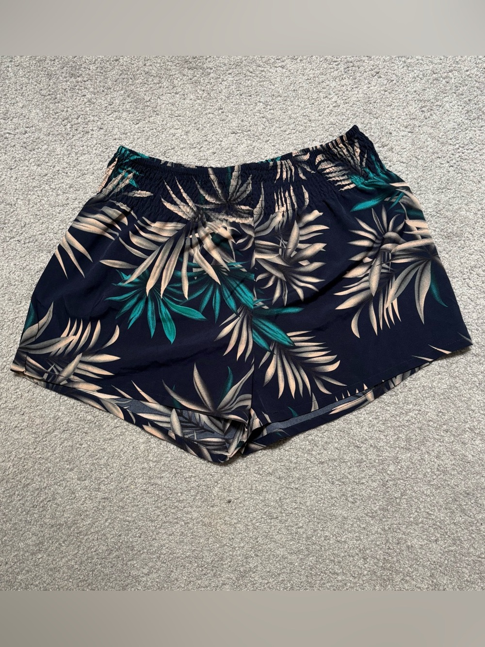 SHEIN Navy Tropical Leaf Smocked Waist Shorts
